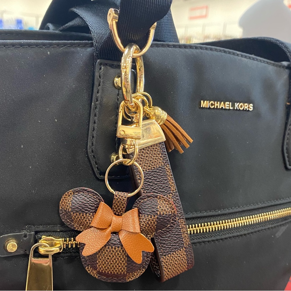 Minnie Mouse Lux Style Bag Charm or Key Chain Faux Leather with Gold Hardware